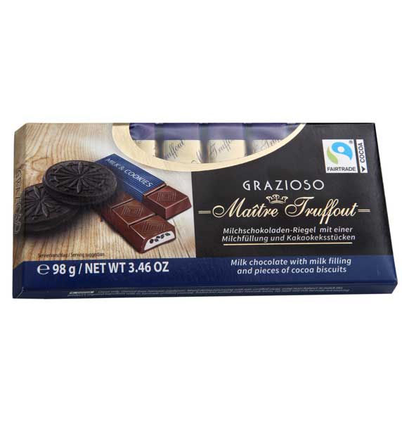 Melkchocolade met melkcrème en stukjes cacaokoekjes Melkchocolade met melkcrème en stukjes cacaokoekjes